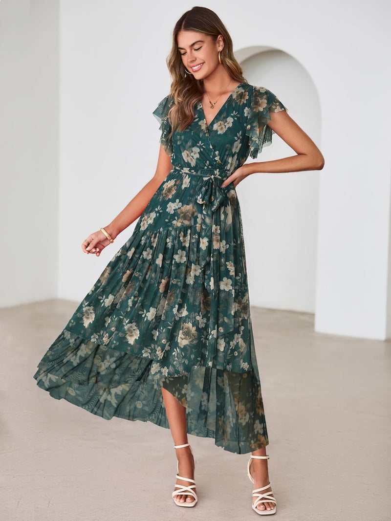 Simplee Womens Summer Floral Boho Maxi Dress 2026 Flutter Sleeve Print Ruffle Mesh Midi Vacation Wedding Guest Dress(Dark Green L) - Image 4