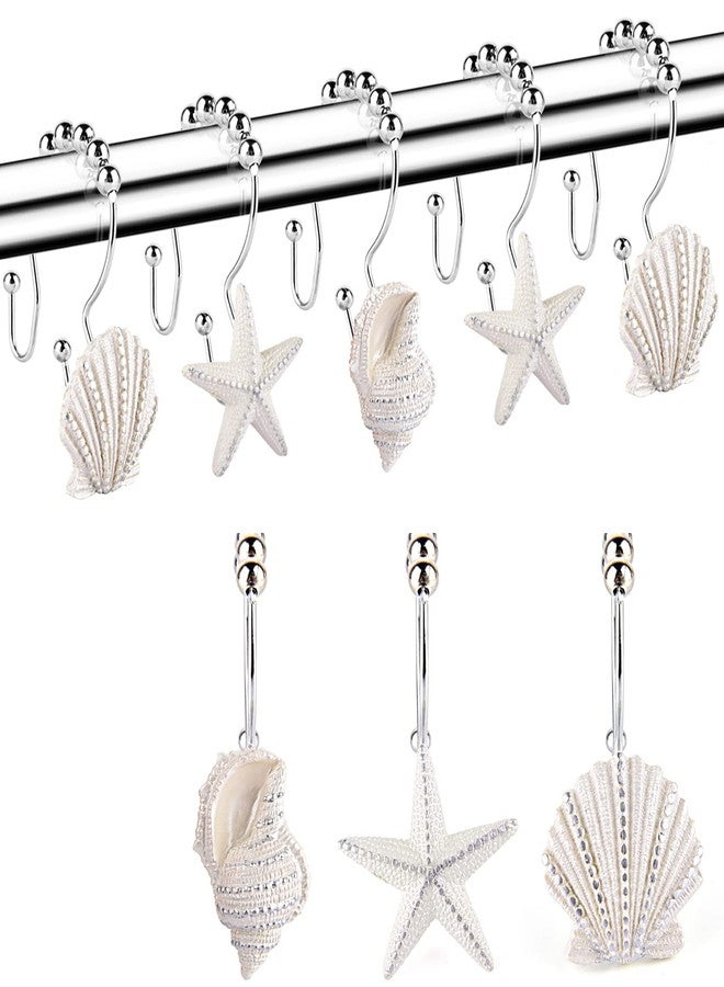 FINROS Decorative Shower Curtain Hooks,FINROS 12 Pcs Seashell Double Glide Shower Curtain Hooks for Bathroom and Living Room (White Seashell) - Image 2