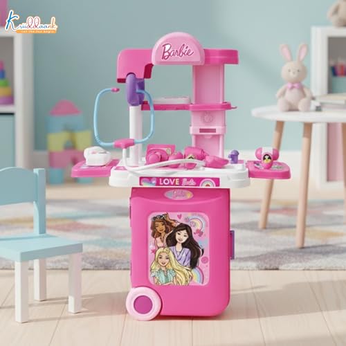 Kriiddaank Barbie Theme Doctor Set - Portable Medical Trolley Playset with Lights, 9-Piece Educational First Aid Kit for Kids 3+, Dreamhouse Role Play Toy, Best Birthday Gift for Girls - Pink - Image 4
