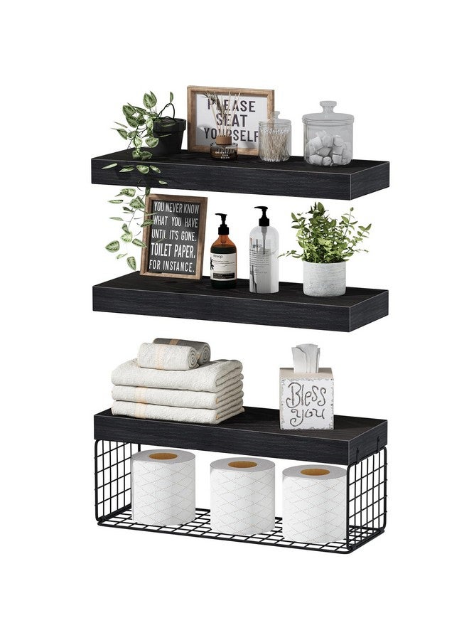 QEEIG Black Bathroom Shelves Over Toilet Wall Mounted Floating Shelves Farmhouse Shelf Toilet Paper Storage Small 16 inch Set of 3 (019-B3) - Image 1