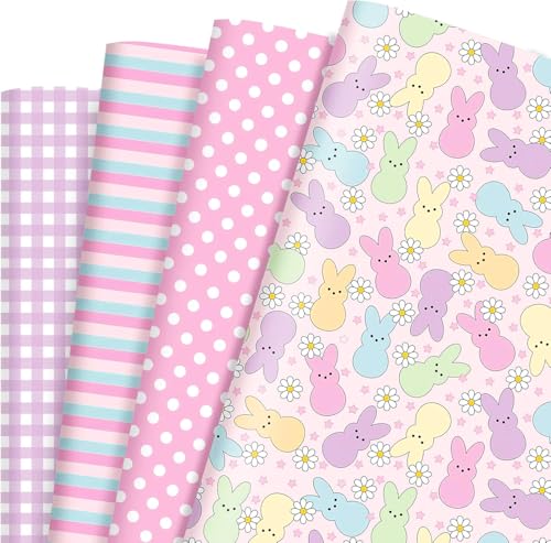 Fabllewavi 12 Sheets Easter Peeps Bunny Wrapping Paper - Not Roll - 19.7 x 27.6 Inch Pastel Retro Rabbit Daisy Patterns Gift Wrap Paper for Spring Easter Baby Shower Party Supplies, 4 Styles - Image 1