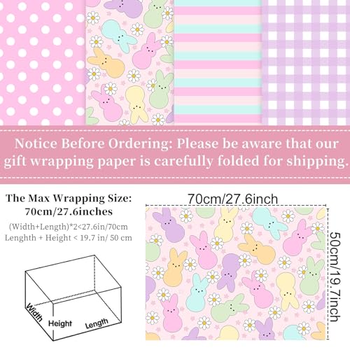 Fabllewavi 12 Sheets Easter Peeps Bunny Wrapping Paper - Not Roll - 19.7 x 27.6 Inch Pastel Retro Rabbit Daisy Patterns Gift Wrap Paper for Spring Easter Baby Shower Party Supplies, 4 Styles - Image 2