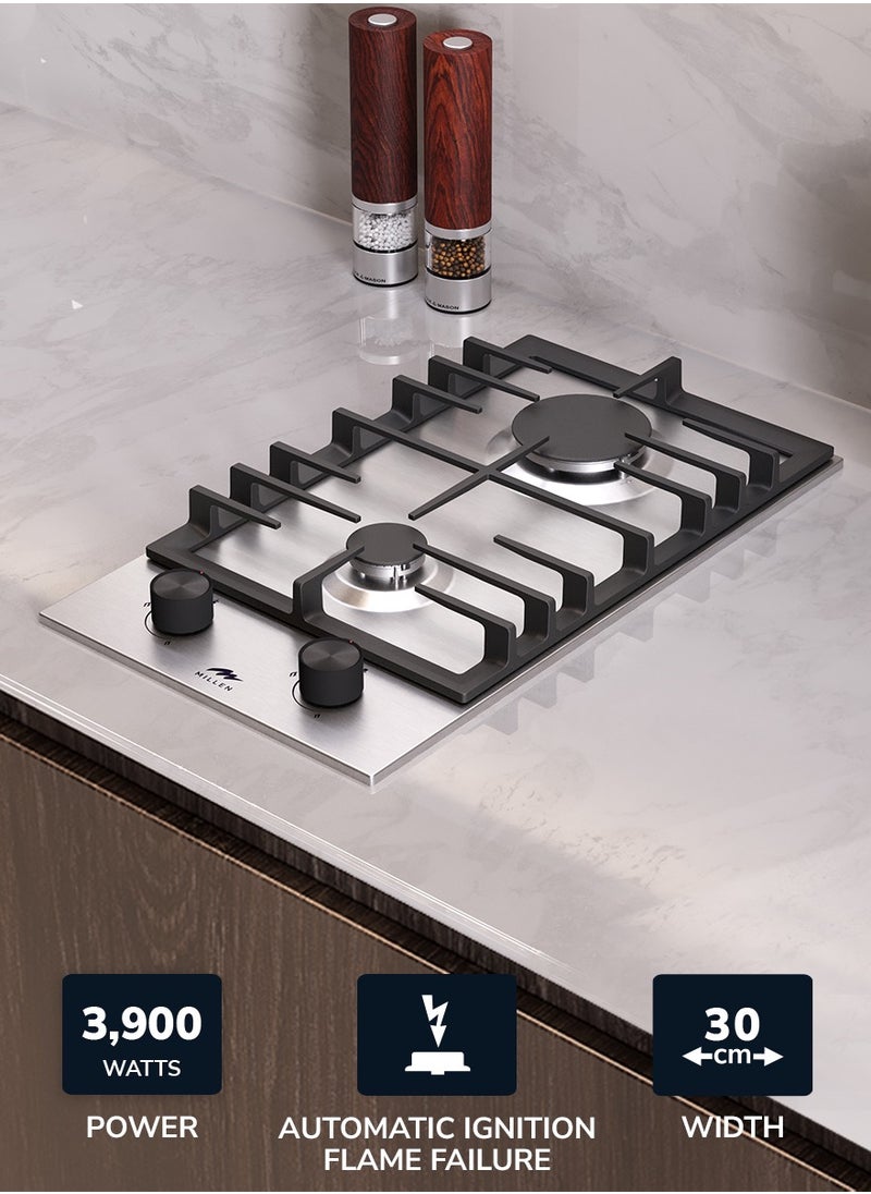 MILLEN - MILLEN 30 cm Built In Gas Hob with SABAF Burners - 3 Years Warranty, MGH 3002 IX - Image 1