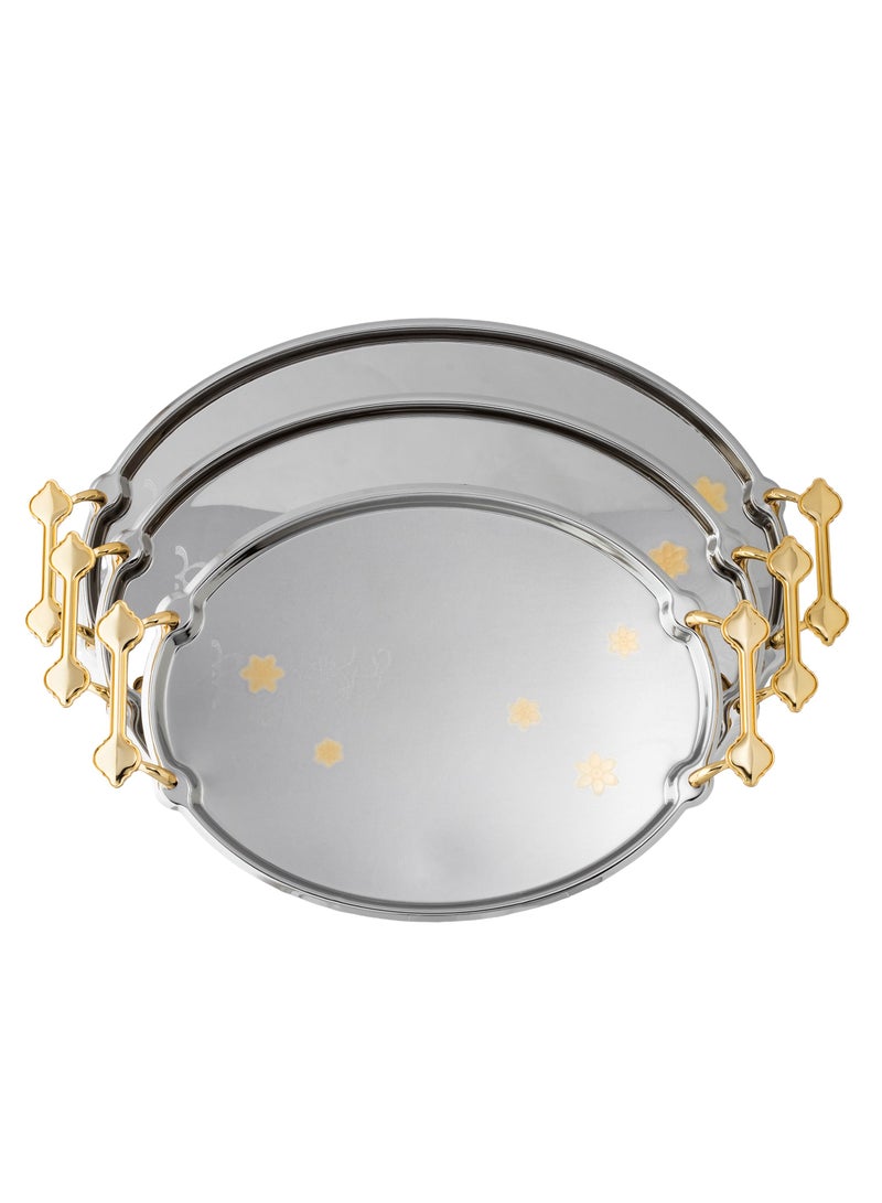 دانيا طقم صواني معدن  مذهب 3 قطع مختلفة الاحجام مع تصميم راقي و جميل و مناسب لجميع التقديمات و المناسبات - Image 2