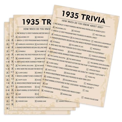 QUPT 90th Birthday Party Games, 1935 Trivia Games, Birthday Party Supplies for Adults, Fun 1935s Party Game，Pack of 30 Cards - Image 1