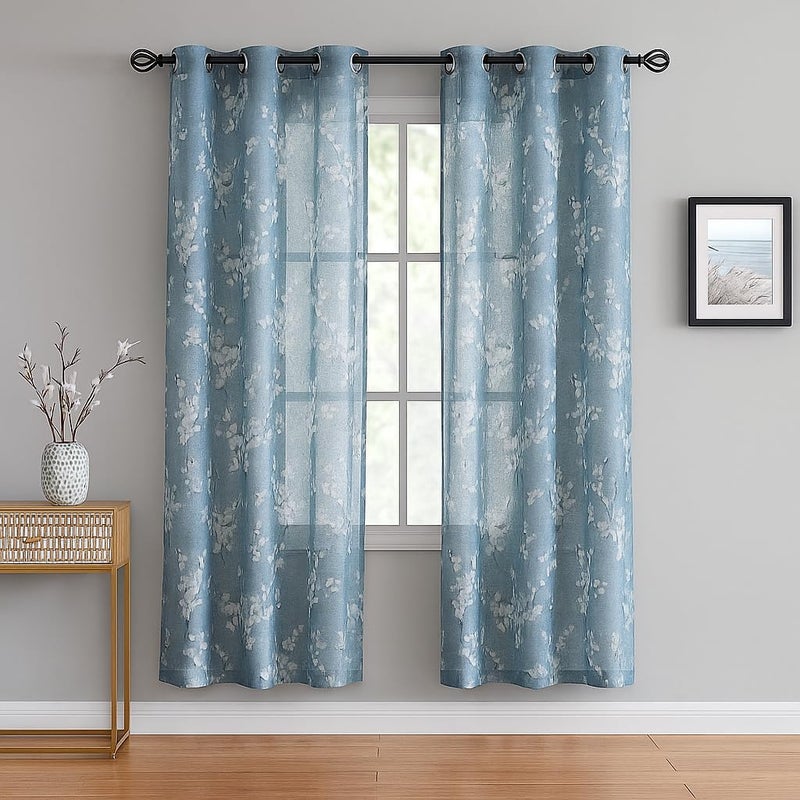 BFAM Sheer Curtain with Floral Print, Premium Printed Sheer Drapes, Eyelet/Grommet Curtain for Living Room, Bedroom, Light Filtering Curtains, Blue Floral 7 Feet,Pack of 1 Curtain - Image 1