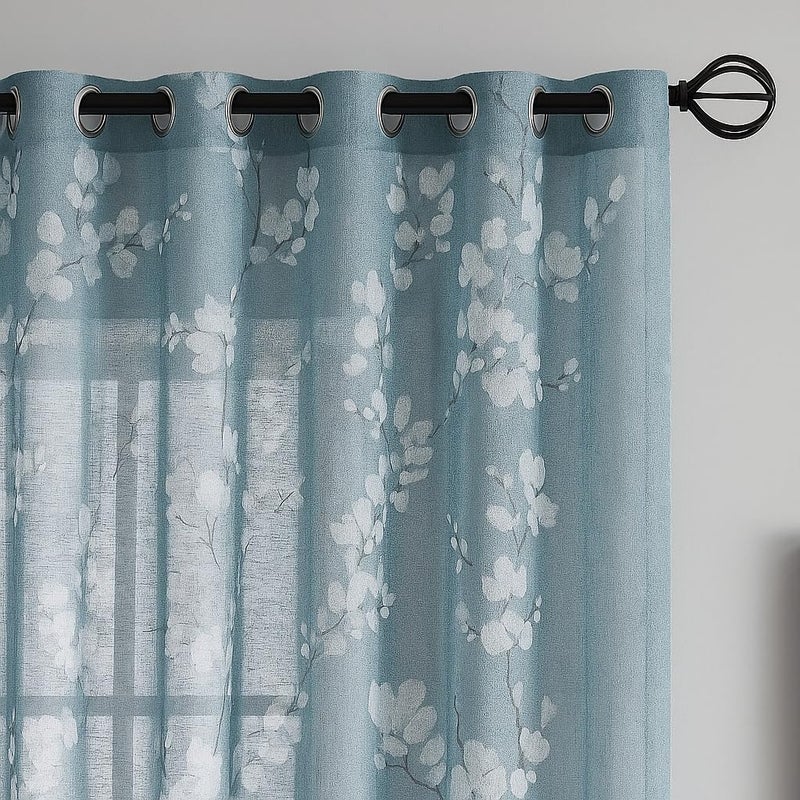BFAM Sheer Curtain with Floral Print, Premium Printed Sheer Drapes, Eyelet/Grommet Curtain for Living Room, Bedroom, Light Filtering Curtains, Blue Floral 7 Feet,Pack of 1 Curtain - Image 2