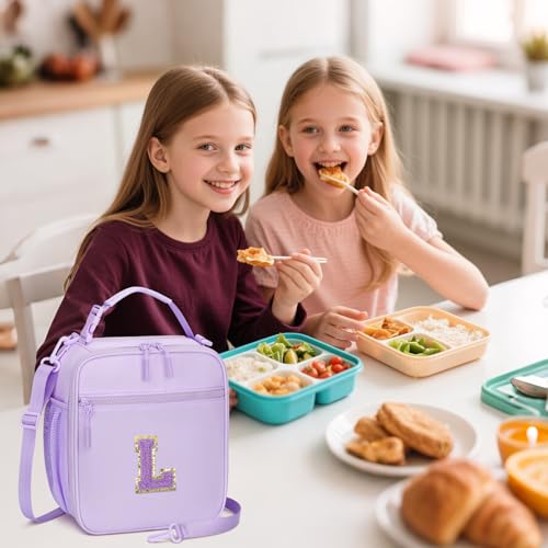 CLOUDWINGS Initial Insulated Lunch Bag for Girls Kids, Back to School Gift, Reusable Leak-proof Lunch Box with Adjustable Strap for School Daycare Travel Picnic (Purple,L) - Image 2