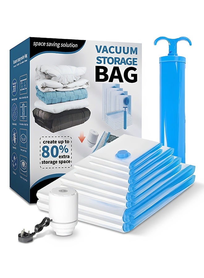 BASILKIT Vacuum storage bags 8-Piece(2 Medium/2 Large/2Enlarged/2Extra Large/2 Pumps)  Re-usable Travel Compression Storage Bags For Clothes, Comforters & Blankets - Space Saver Bags with Hand Pumpg  and  Electric Pump - Image 1