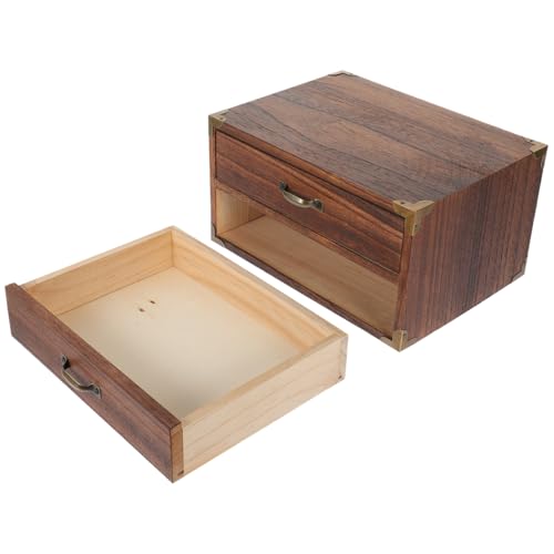 HOLIDYOYO Vintage Wooden Drawer Storage Box Two Drawer Desktop Organizer 9.44X7.08X5.11In Compact Office Organizer with Drawers for Home Desk Accessories and Small Space Storage - Image 4