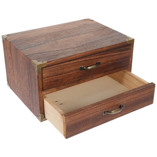 HOLIDYOYO Vintage Wooden Drawer Storage Box Two Drawer Desktop Organizer 9.44X7.08X5.11In Compact Office Organizer with Drawers for Home Desk Accessories and Small Space Storage - Image 3