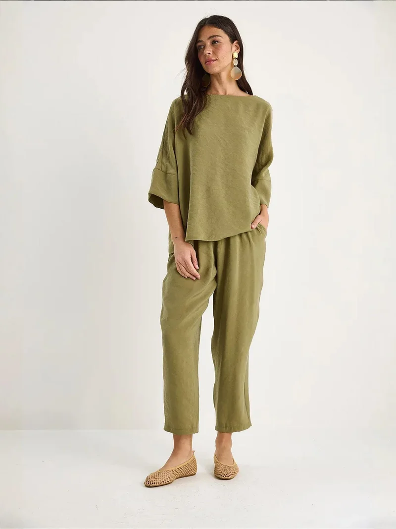 Bianco Lucci Olive Green LUCCI Oversized Boat Neck Polyester Two-Piece Co-ord Set for Women | Best Price UAE
