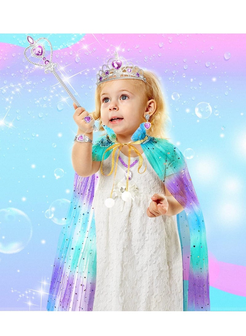 Excefore ملابس تنكر الأميرة للبنات الصغيرات، 7 قطع عباءة مع تاج، فساتين للبنات 3-8 هدية عيد الميلاد، حورية البحر - Image 2