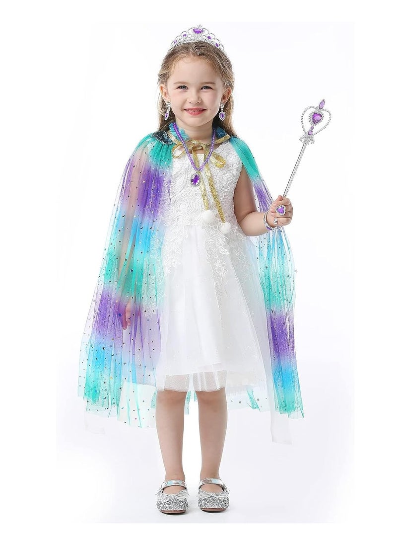 Excefore ملابس تنكر الأميرة للبنات الصغيرات، 7 قطع عباءة مع تاج، فساتين للبنات 3-8 هدية عيد الميلاد، حورية البحر - Image 3