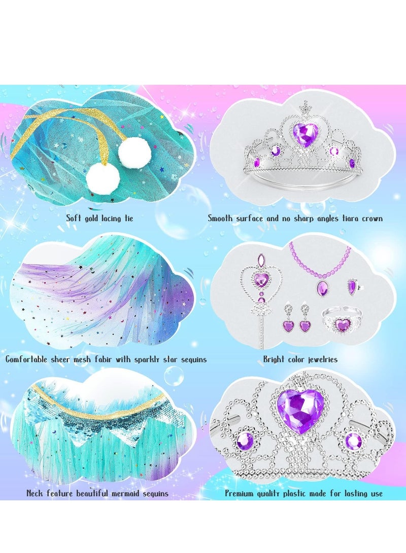 Excefore ملابس تنكر الأميرة للبنات الصغيرات، 7 قطع عباءة مع تاج، فساتين للبنات 3-8 هدية عيد الميلاد، حورية البحر - Image 4