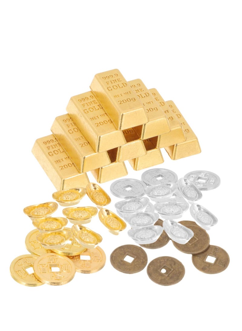 KASTWAVE Miniature Gold Ingots, Copper Coins,Chinese Fortune Coin Feng Shui Wealth Luck Yuan Bao Dollhouse Pretend Play Decor Ornament,1 Set of 60 PCS - Image 1