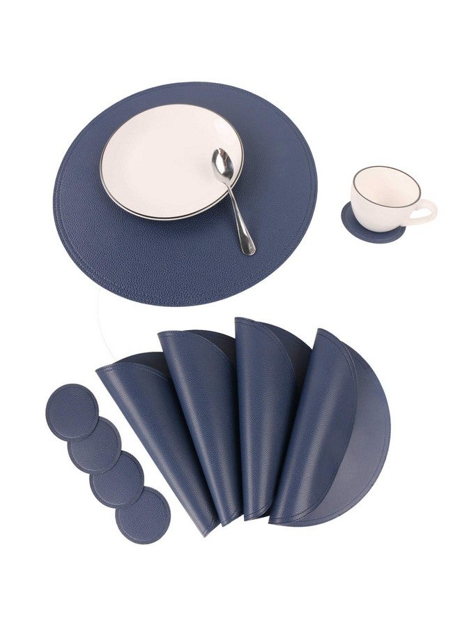 Jovono Navy Faux Leather Round Placemats and Coasters, Coffee Mats Kitchen Table Mats, Waterproof, Easy to Clean for Round Table, Dining Table - Image 1