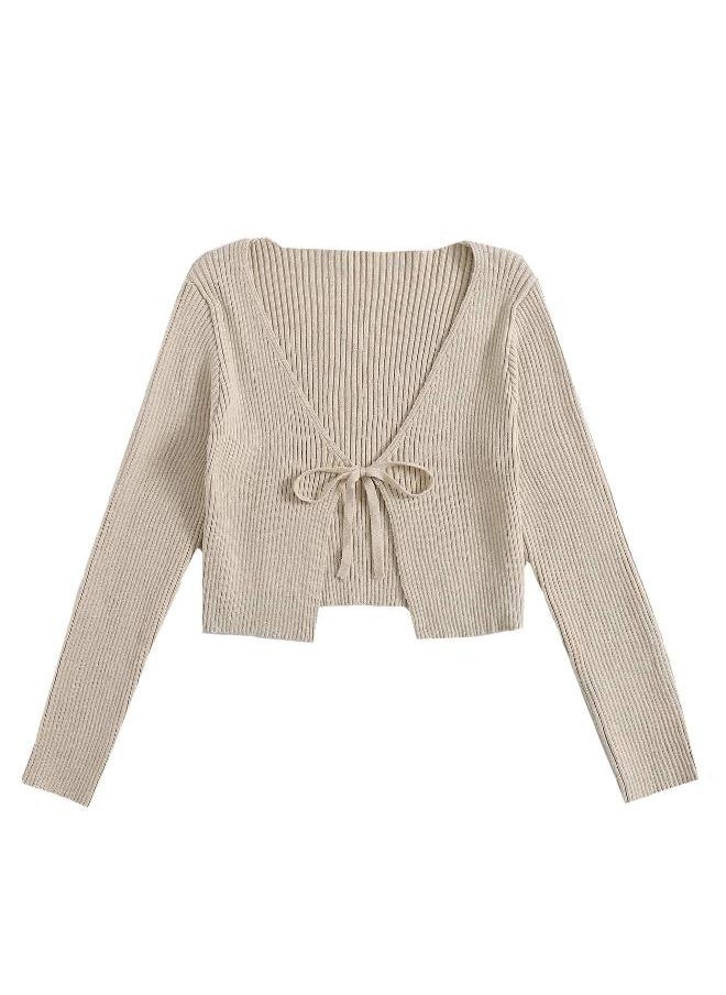 Floerns Floerns Women's Tie Front Long Sleeve Rib Knit Cardigan Crop Top Khaki S  - Image 2