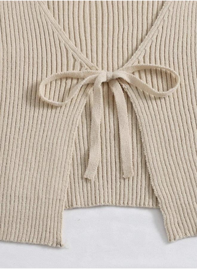 Floerns Floerns Women's Tie Front Long Sleeve Rib Knit Cardigan Crop Top Khaki S  - Image 1