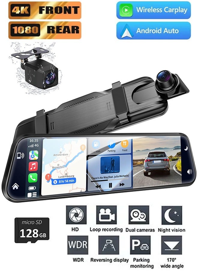 XiuWoo Smart Mirror Dash Cam with Carplay&Android Auto,10" 2.5K Rear View Mirror Camera with Voice Control for Cars&Trucks, Touch Screen/WDR/Parking Monitor/Reverse Assist/128GB Card Included - Image 1