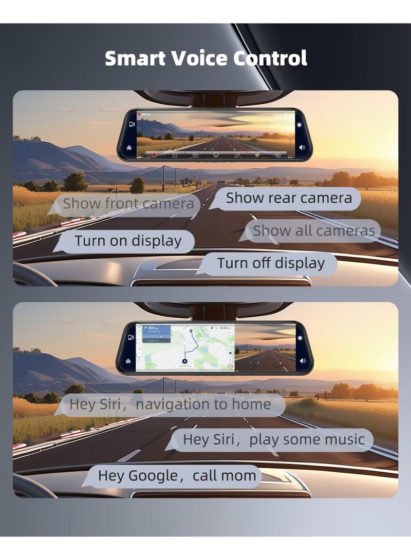 XiuWoo Smart Mirror Dash Cam with Carplay&Android Auto,10" 2.5K Rear View Mirror Camera with Voice Control for Cars&Trucks, Touch Screen/WDR/Parking Monitor/Reverse Assist/128GB Card Included - Image 5