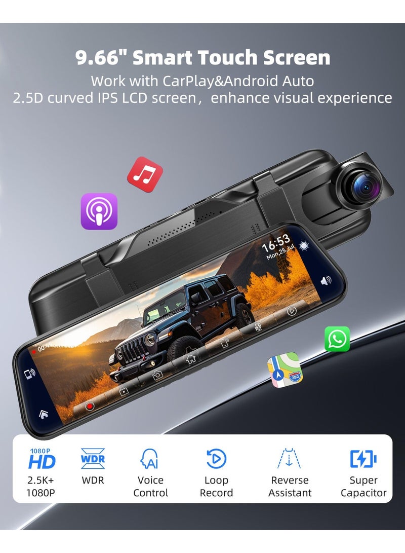 XiuWoo Smart Mirror Dash Cam with Carplay&Android Auto,10" 2.5K Rear View Mirror Camera with Voice Control for Cars&Trucks, Touch Screen/WDR/Parking Monitor/Reverse Assist/128GB Card Included - Image 2