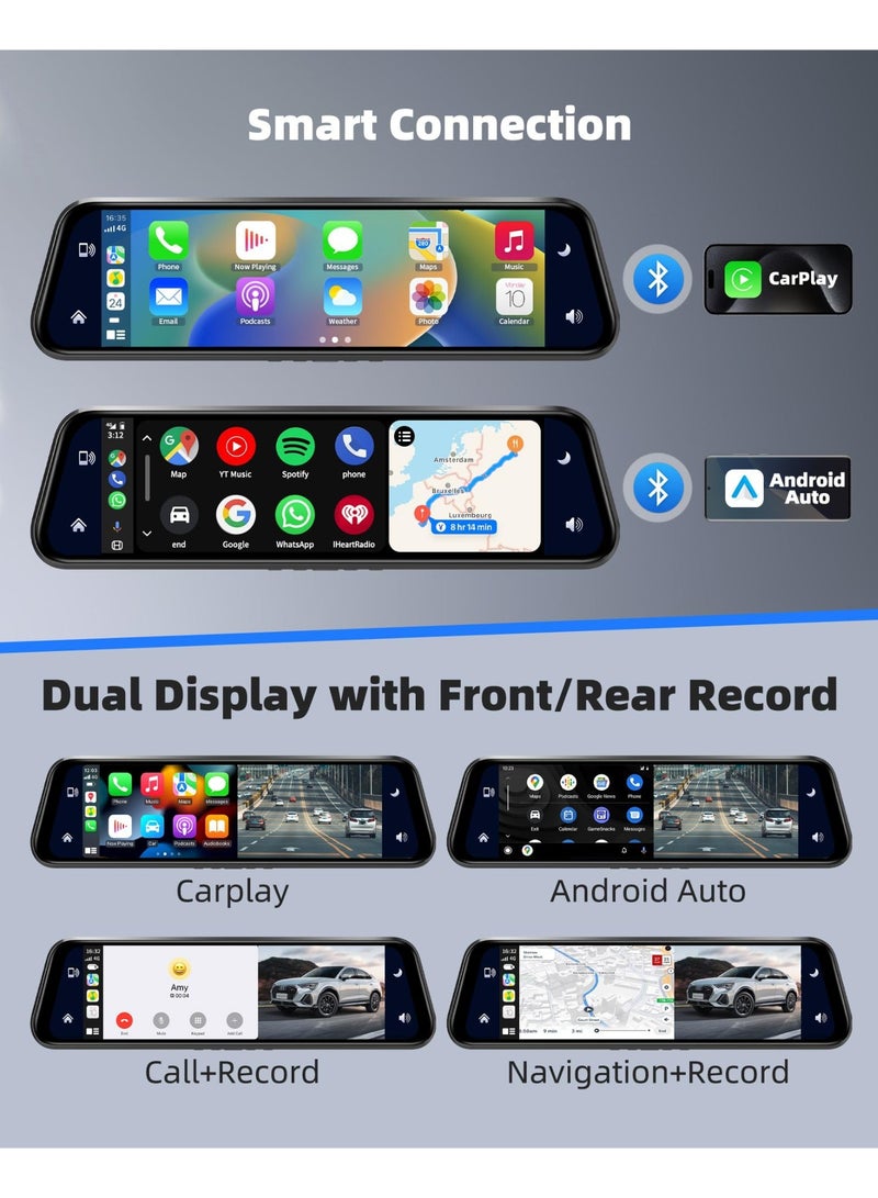 XiuWoo Smart Mirror Dash Cam with Carplay&Android Auto,10" 2.5K Rear View Mirror Camera with Voice Control for Cars&Trucks, Touch Screen/WDR/Parking Monitor/Reverse Assist/128GB Card Included - Image 4