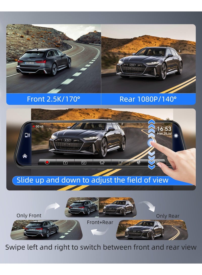 XiuWoo Smart Mirror Dash Cam with Carplay&Android Auto,10" 2.5K Rear View Mirror Camera with Voice Control for Cars&Trucks, Touch Screen/WDR/Parking Monitor/Reverse Assist/128GB Card Included - Image 3