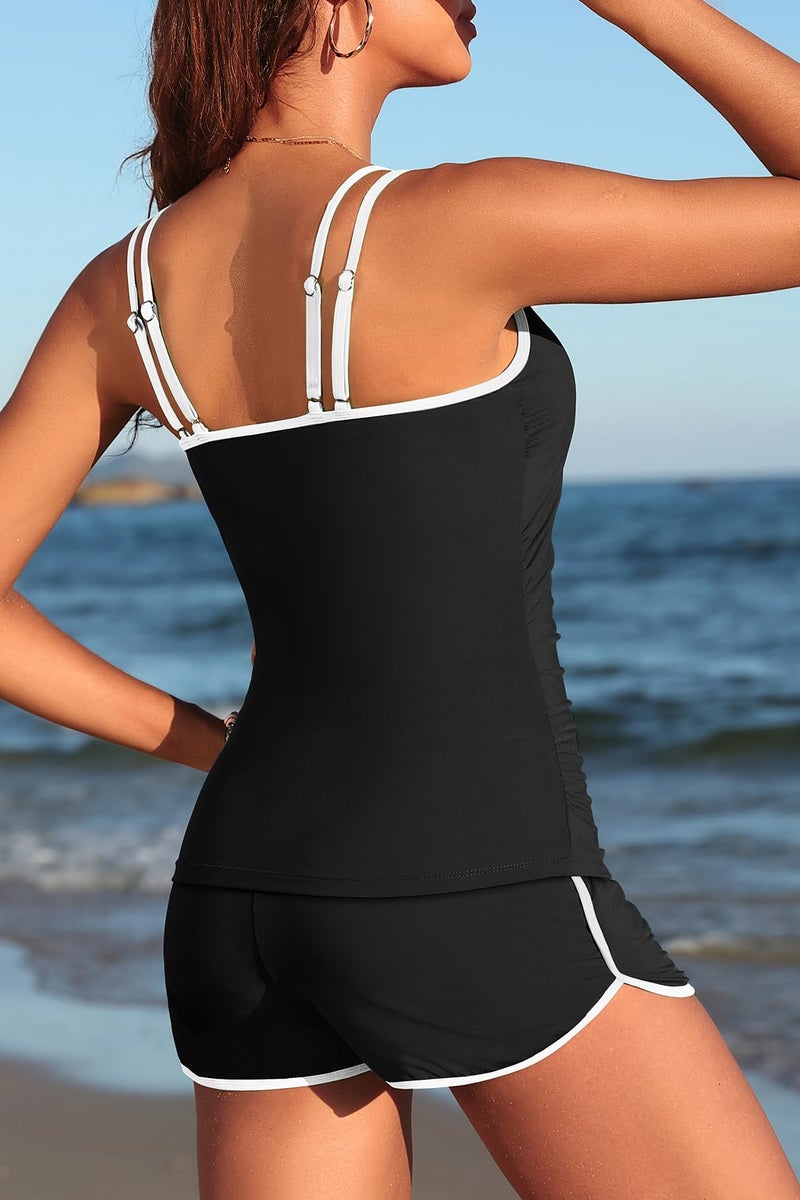 Yonique Women Tankini Swimsuit with Shorts - Two Piece Tummy Control Bathing Suit with Pockets 2025 Swimwear Black and White S - Image 2