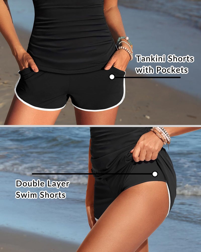 Yonique Women Tankini Swimsuit with Shorts - Two Piece Tummy Control Bathing Suit with Pockets 2025 Swimwear Black and White S - Image 5