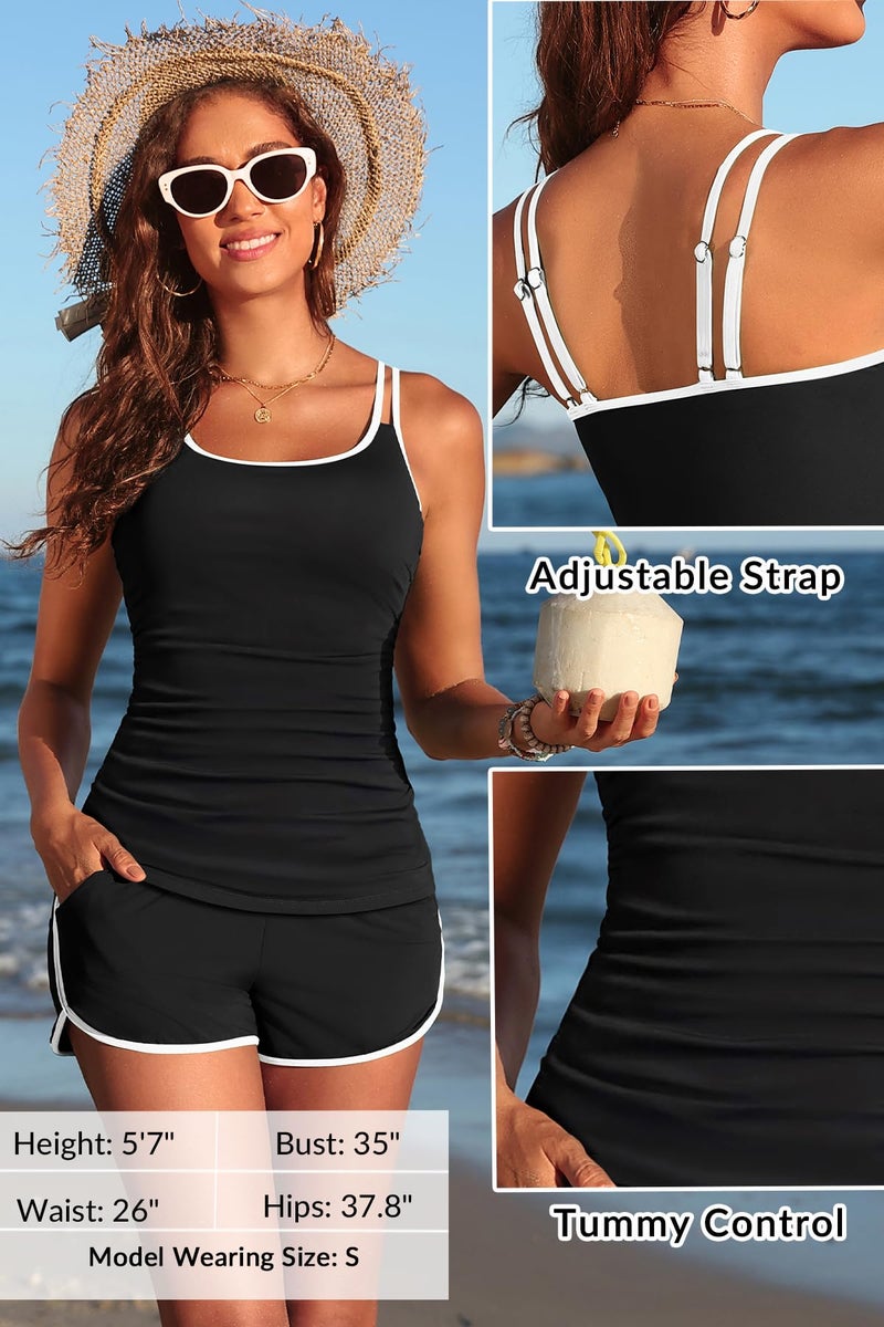 Yonique Women Tankini Swimsuit with Shorts - Two Piece Tummy Control Bathing Suit with Pockets 2025 Swimwear Black and White S - Image 4