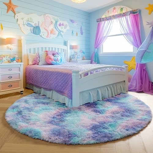 PAGISOFE Round Rugs 5Ft Cute Shaggy Circle Rug for Girls Bedroom, Purple Rainbow Rugs for Kids Room, Teen Girls, Playroom, Nursery, Fluffy Furry Pastel Mermaid Rug, Soft Plush Kawaii Tent Carpet - Image 4
