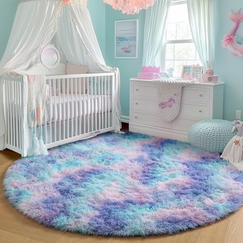 PAGISOFE Round Rugs 5Ft Cute Shaggy Circle Rug for Girls Bedroom, Purple Rainbow Rugs for Kids Room, Teen Girls, Playroom, Nursery, Fluffy Furry Pastel Mermaid Rug, Soft Plush Kawaii Tent Carpet - Image 5