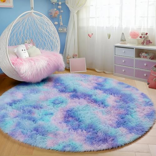 PAGISOFE Round Rugs 5Ft Cute Shaggy Circle Rug for Girls Bedroom, Purple Rainbow Rugs for Kids Room, Teen Girls, Playroom, Nursery, Fluffy Furry Pastel Mermaid Rug, Soft Plush Kawaii Tent Carpet - Image 3
