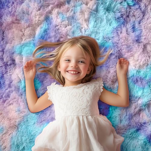PAGISOFE Round Rugs 5Ft Cute Shaggy Circle Rug for Girls Bedroom, Purple Rainbow Rugs for Kids Room, Teen Girls, Playroom, Nursery, Fluffy Furry Pastel Mermaid Rug, Soft Plush Kawaii Tent Carpet - Image 2
