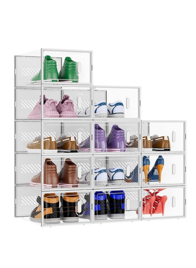 Baleine BALEINE 12 Pack Stackable Shoe Storage Boxes, Large Clear Shoe Box Bins with Lids, Plastic Foldable Shoe Rack Organizer Sneaker Storage Containers for Closet Entryway (Large, White) - Image 1