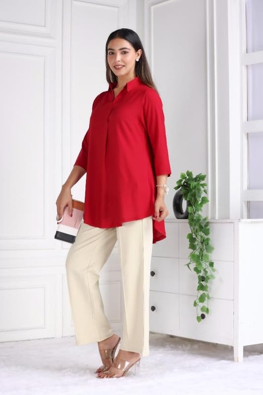 Mlada Store Mlada Women's Rayon Flare Top - Red, 3XL - Long Tunic Top with 3/4 Sleeves & Shirt Collar - Perfect for Office, Casual & Special Occasions - Image 2