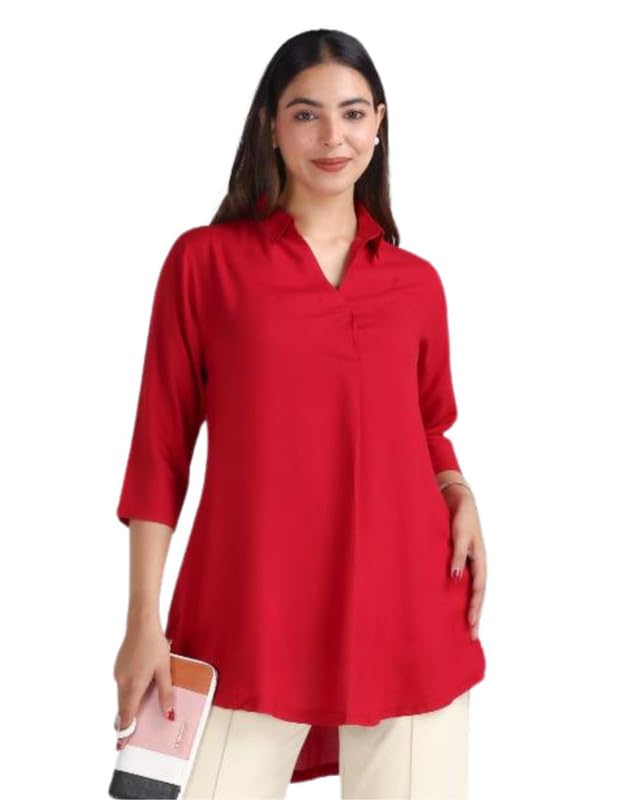 Mlada Store Mlada Women's Rayon Flare Top - Red, 3XL - Long Tunic Top with 3/4 Sleeves & Shirt Collar - Perfect for Office, Casual & Special Occasions - Image 1