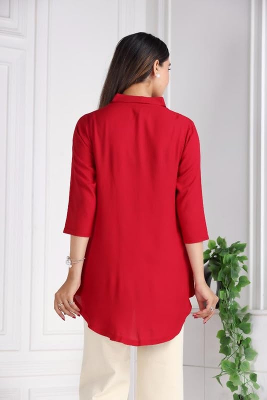 Mlada Store Mlada Women's Rayon Flare Top - Red, 3XL - Long Tunic Top with 3/4 Sleeves & Shirt Collar - Perfect for Office, Casual & Special Occasions - Image 3