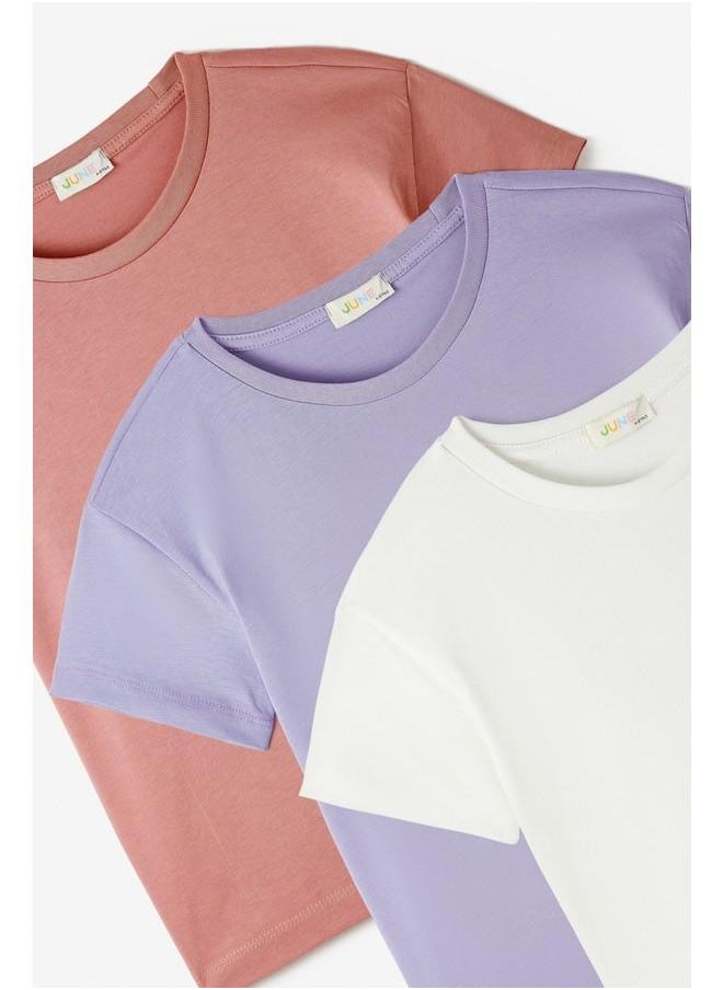 JUNE June Kids 3-Pack Basic Tshirt Ecru - Powder - Lilac  - Image 3