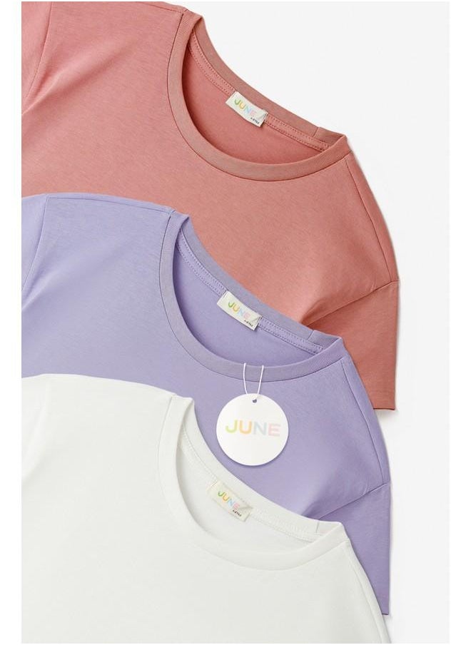 JUNE June Kids 3-Pack Basic Tshirt Ecru - Powder - Lilac  - Image 4