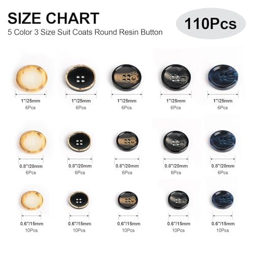 OELFFOW 110Pcs Mixed Sewing Buttons, 4-Hole Craft Round Blazer Buttons, 5 Color 3 Size (15mm, 20mm, 25mm) Suit Coats Resin Button, Suitable for Variety Clothing Sewing, DIY Craft (Style B) - Image 2