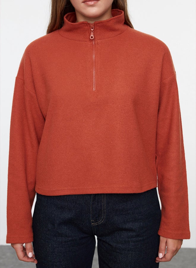 trendyol Tile Selanik/Knitwear Look Zipper Collar Regular/Normal Fit Knitted Sweatshirt - Image 4