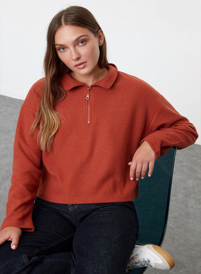 trendyol Tile Selanik/Knitwear Look Zipper Collar Regular/Normal Fit Knitted Sweatshirt - Image 1
