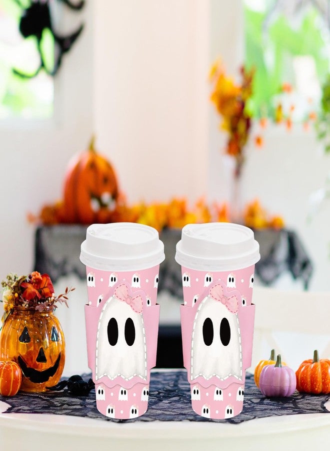 Whaline أكواب قهوة ورقية مع أغطية وأكمام من واهلين 50 مجموعة هالوين 16 أونصة مع تصميم شبح وردي للاستخدام لمرة واحدة لحفلات عيد الميلاد وحفلات استقبال المواليد والمشروبات الساخنة والباردة - Image 4