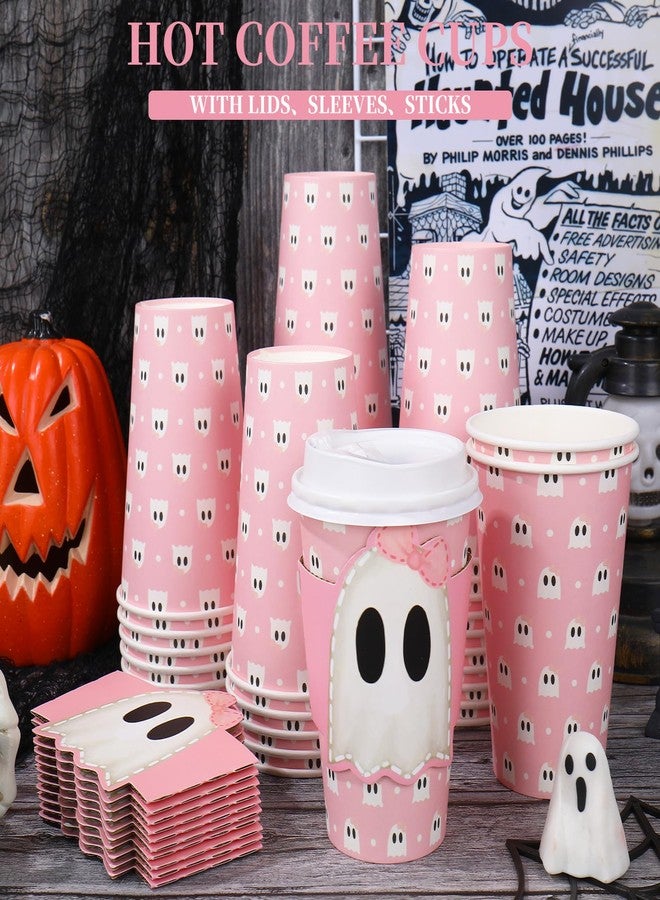 Whaline أكواب قهوة ورقية مع أغطية وأكمام من واهلين 50 مجموعة هالوين 16 أونصة مع تصميم شبح وردي للاستخدام لمرة واحدة لحفلات عيد الميلاد وحفلات استقبال المواليد والمشروبات الساخنة والباردة - Image 3