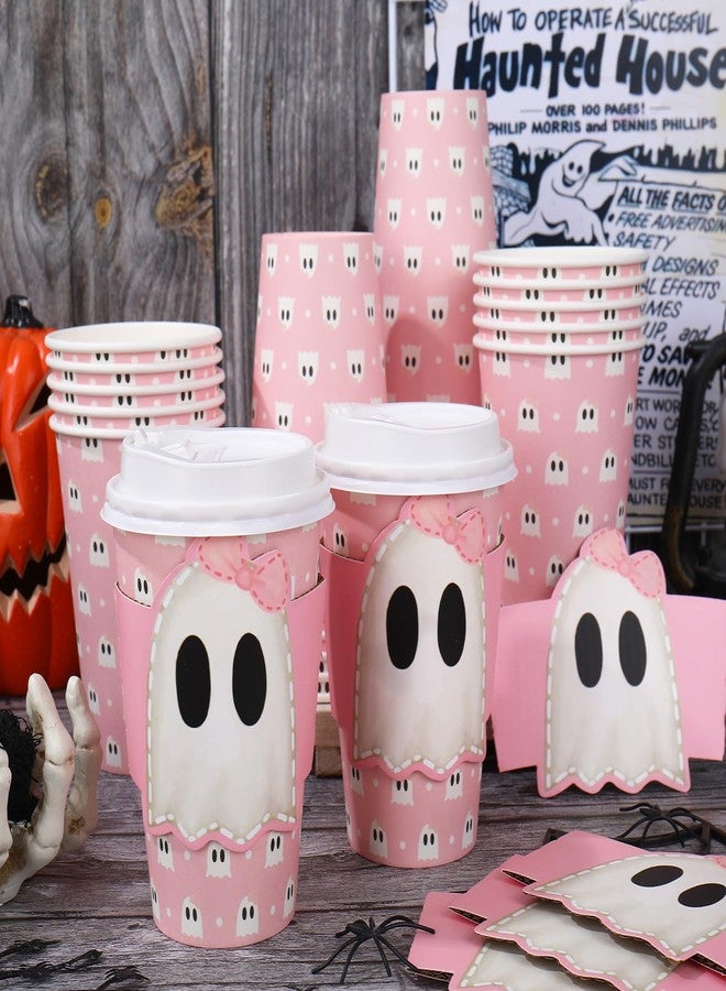 Whaline أكواب قهوة ورقية مع أغطية وأكمام من واهلين 50 مجموعة هالوين 16 أونصة مع تصميم شبح وردي للاستخدام لمرة واحدة لحفلات عيد الميلاد وحفلات استقبال المواليد والمشروبات الساخنة والباردة - Image 5
