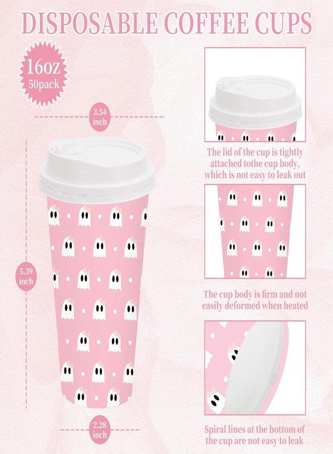 Whaline أكواب قهوة ورقية مع أغطية وأكمام من واهلين 50 مجموعة هالوين 16 أونصة مع تصميم شبح وردي للاستخدام لمرة واحدة لحفلات عيد الميلاد وحفلات استقبال المواليد والمشروبات الساخنة والباردة - Image 2
