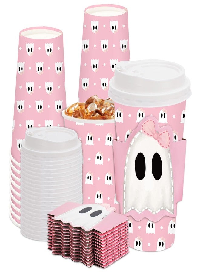 Whaline أكواب قهوة ورقية مع أغطية وأكمام من واهلين 50 مجموعة هالوين 16 أونصة مع تصميم شبح وردي للاستخدام لمرة واحدة لحفلات عيد الميلاد وحفلات استقبال المواليد والمشروبات الساخنة والباردة - Image 1