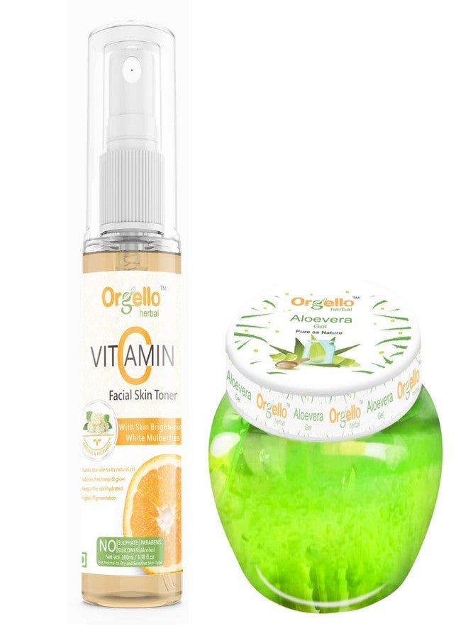 Orgello Herbal Vitamin C Facial Skin Toner (100 ml) + Aloe Vera Moisturizer Gel Jar (100 gm) - Pack Of 2 - for men women girls boys normal oily dry skin sls paraben mineral oil free - Image 1